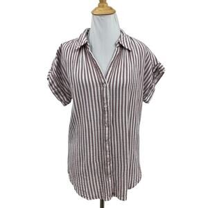 Caslon Shirt Womens S Small Garnet White Gauzy Striped Button Up Short Sleeve